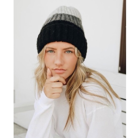 Gray Black White Colorblock Knit Beanie Hat - Picture 1 of 4